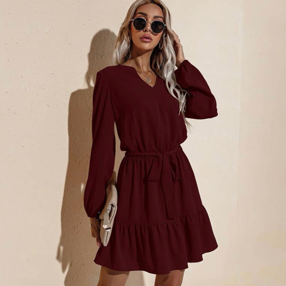 Little Burgundy V Neck Dress
